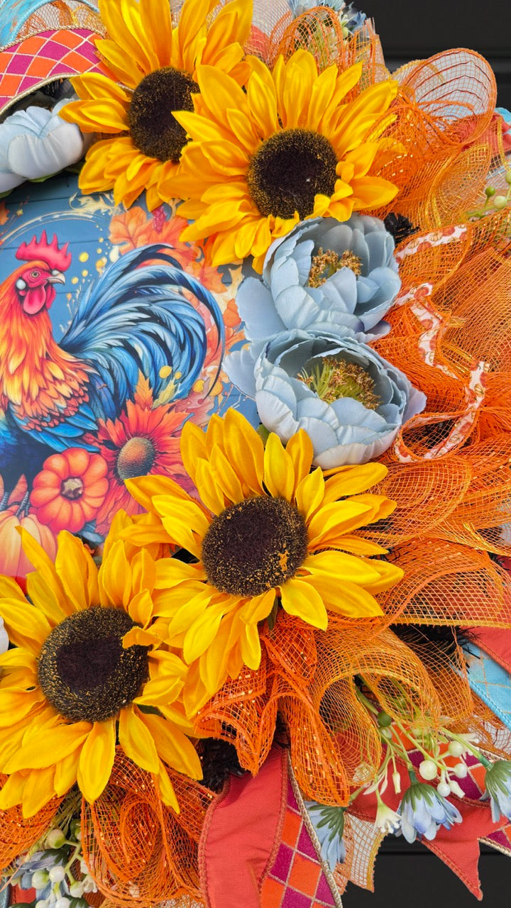 Sunflower Rooster Fall Wreath | Farmhouse Autumn Front Door Wreath