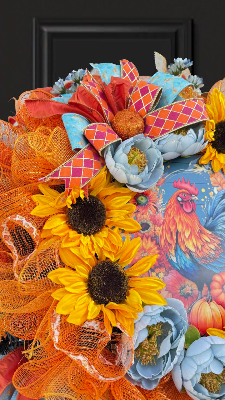 Sunflower Rooster Fall Wreath | Farmhouse Autumn Front Door Wreath
