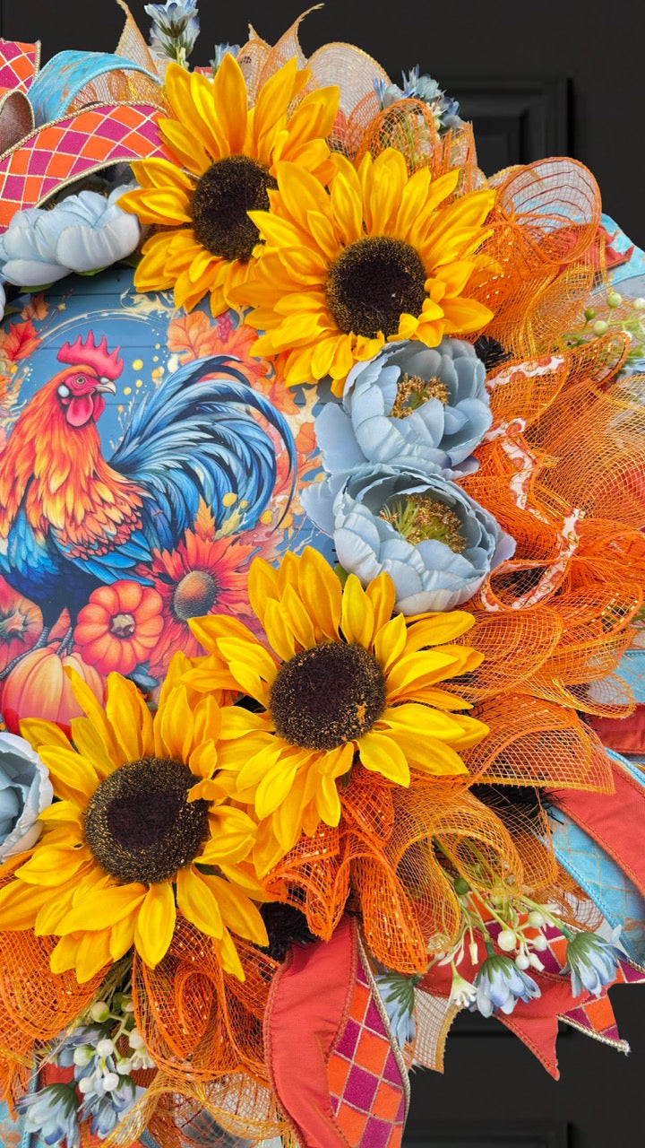 Sunflower Rooster Fall Wreath | Farmhouse Autumn Front Door Wreath
