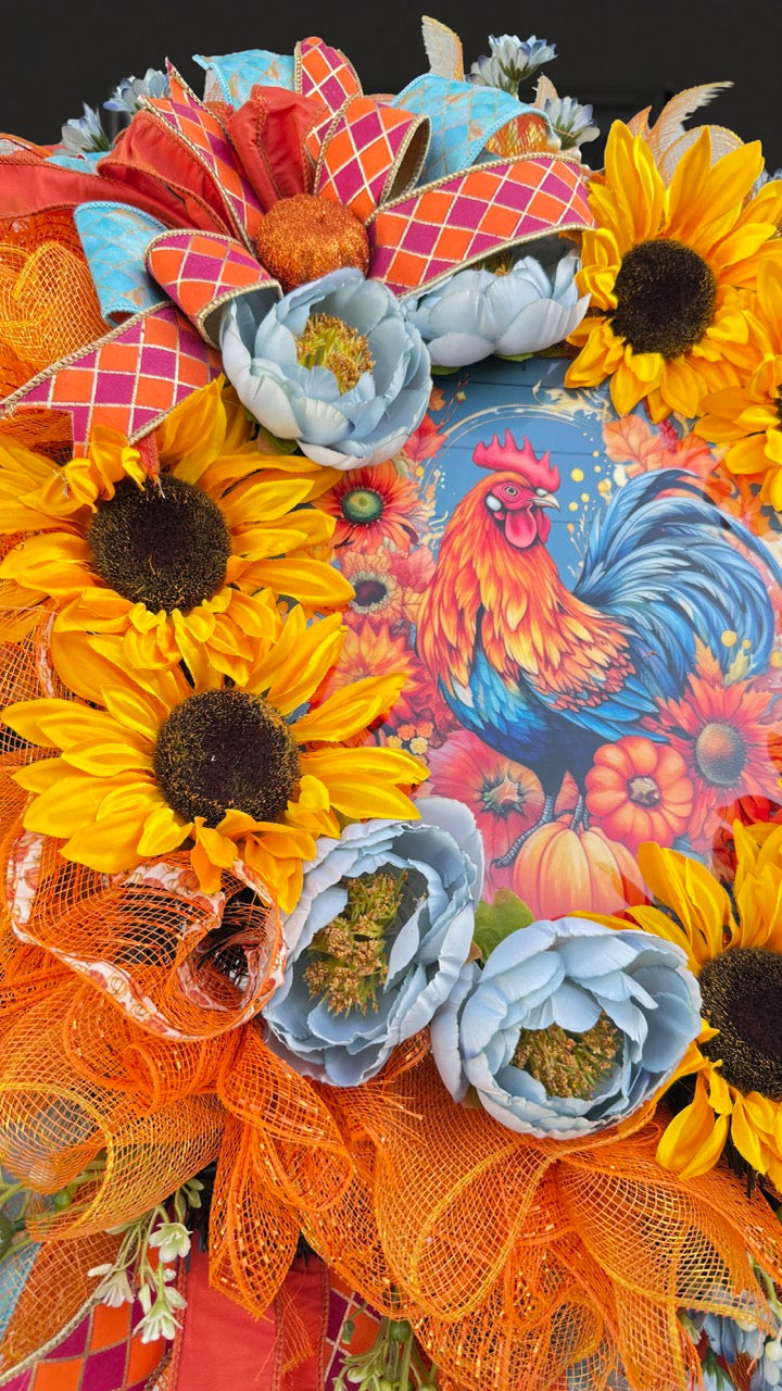 Sunflower Rooster Fall Wreath | Farmhouse Autumn Front Door Wreath