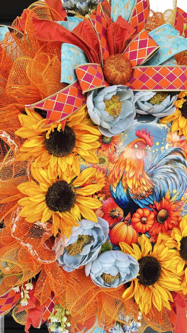 Sunflower Rooster Fall Wreath | Farmhouse Autumn Front Door Wreath
