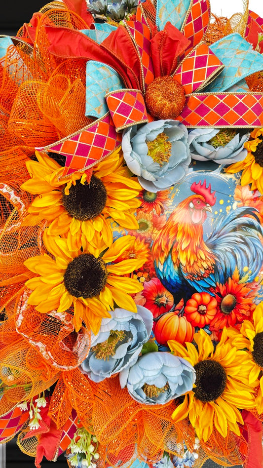 Sunflower Rooster Fall Wreath | Farmhouse Autumn Front Door Wreath
