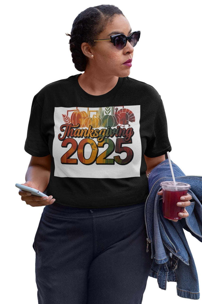 A vibrant Thanksgiving 2025 digital design featuring bold typography and festive fall imagery. The word “Thanksgiving” appears in elegant cursive over large, colorful “2025” numbers. Behind the text are pumpkins, corn, leafy branches, and a turkey — all illustrated in a warm gradient of autumn colors including orange, gold, green, and red. The clean white background highlights the festive, modern design perfect for seasonal decor, apparel, or holiday promotions.