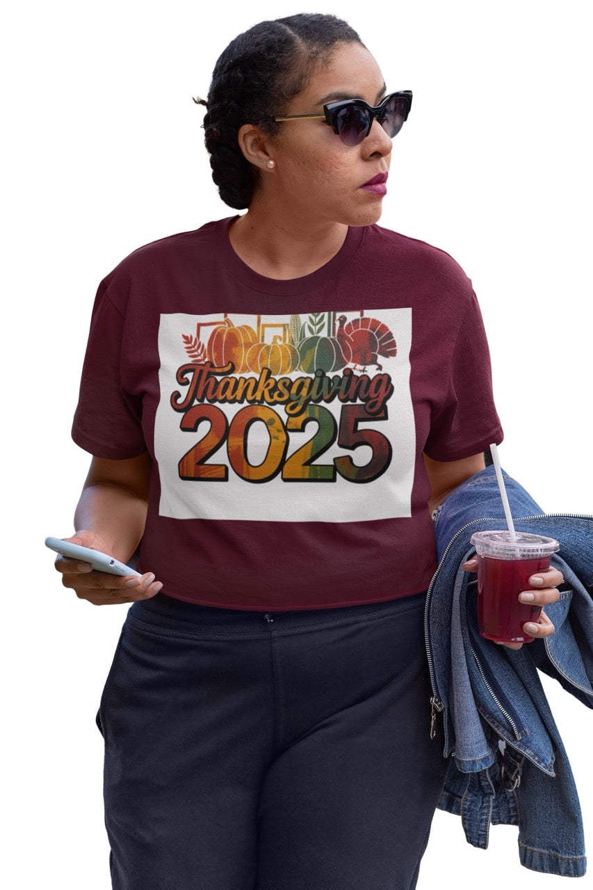 A vibrant Thanksgiving 2025 digital design featuring bold typography and festive fall imagery. The word “Thanksgiving” appears in elegant cursive over large, colorful “2025” numbers. Behind the text are pumpkins, corn, leafy branches, and a turkey — all illustrated in a warm gradient of autumn colors including orange, gold, green, and red. The clean white background highlights the festive, modern design perfect for seasonal decor, apparel, or holiday promotions.