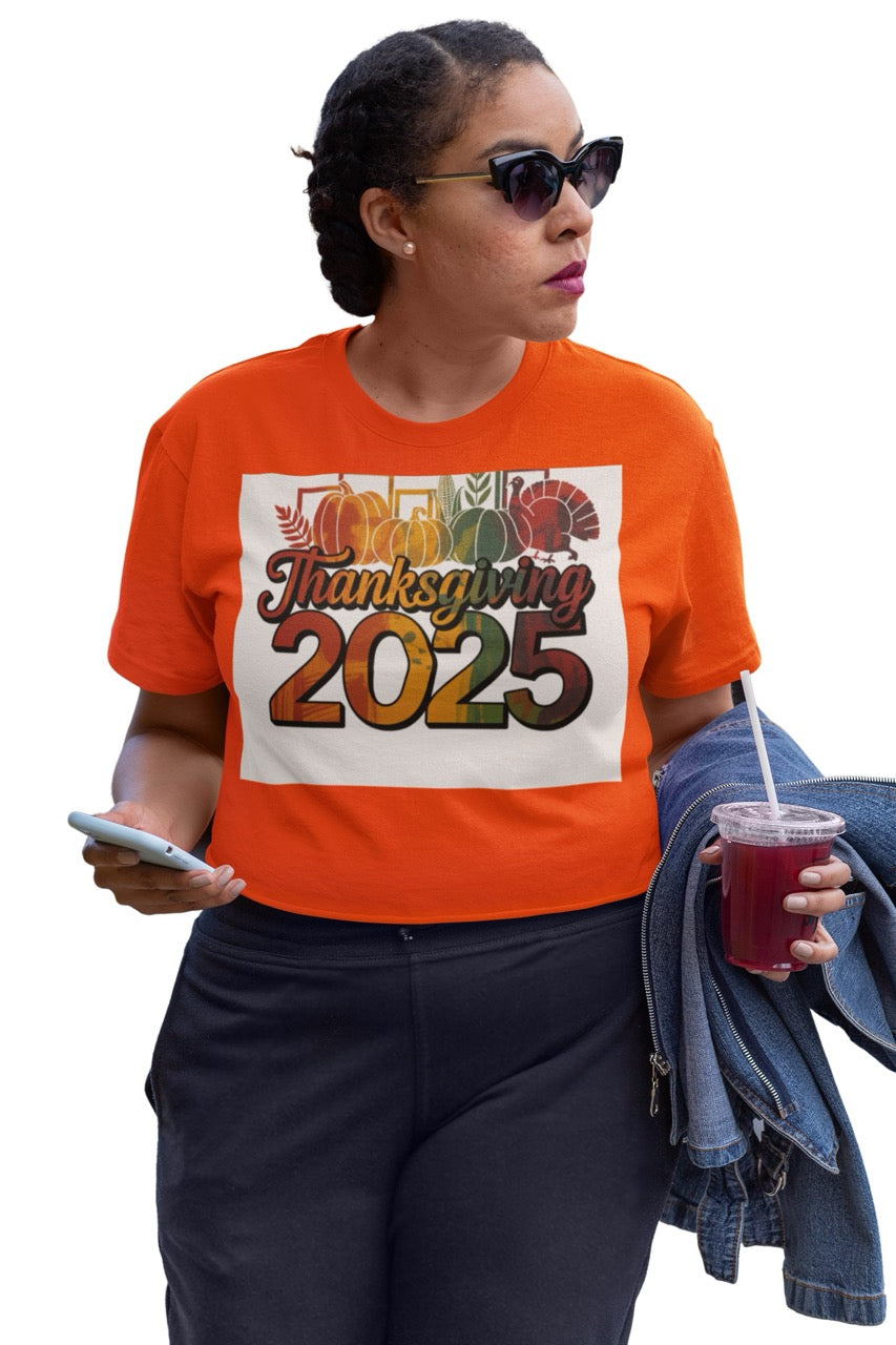 A vibrant Thanksgiving 2025 digital design featuring bold typography and festive fall imagery. The word “Thanksgiving” appears in elegant cursive over large, colorful “2025” numbers. Behind the text are pumpkins, corn, leafy branches, and a turkey — all illustrated in a warm gradient of autumn colors including orange, gold, green, and red. The clean white background highlights the festive, modern design perfect for seasonal decor, apparel, or holiday promotions.