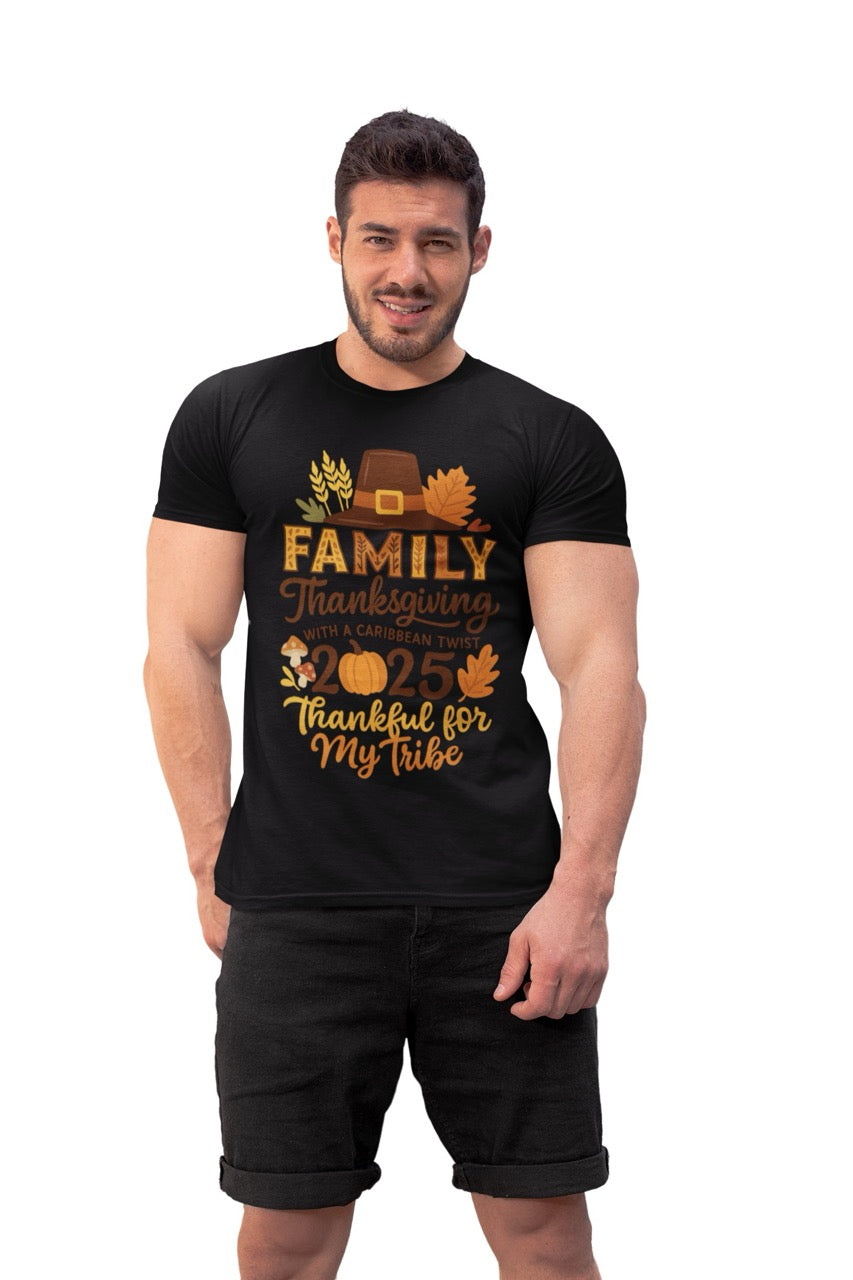 A warm, glowing Thanksgiving 2025 digital artwork featuring the phrase “Family Thanksgiving with a Caribbean Twist – Thankful for My Tribe.” The design showcases a pilgrim hat, autumn leaves, mushrooms, and a pumpkin in cozy shades of orange, brown, and gold. The background radiates a soft amber glow, blending traditional Thanksgiving warmth with tropical island-inspired flair — perfect for celebrating gratitude, family, and Caribbean culture.