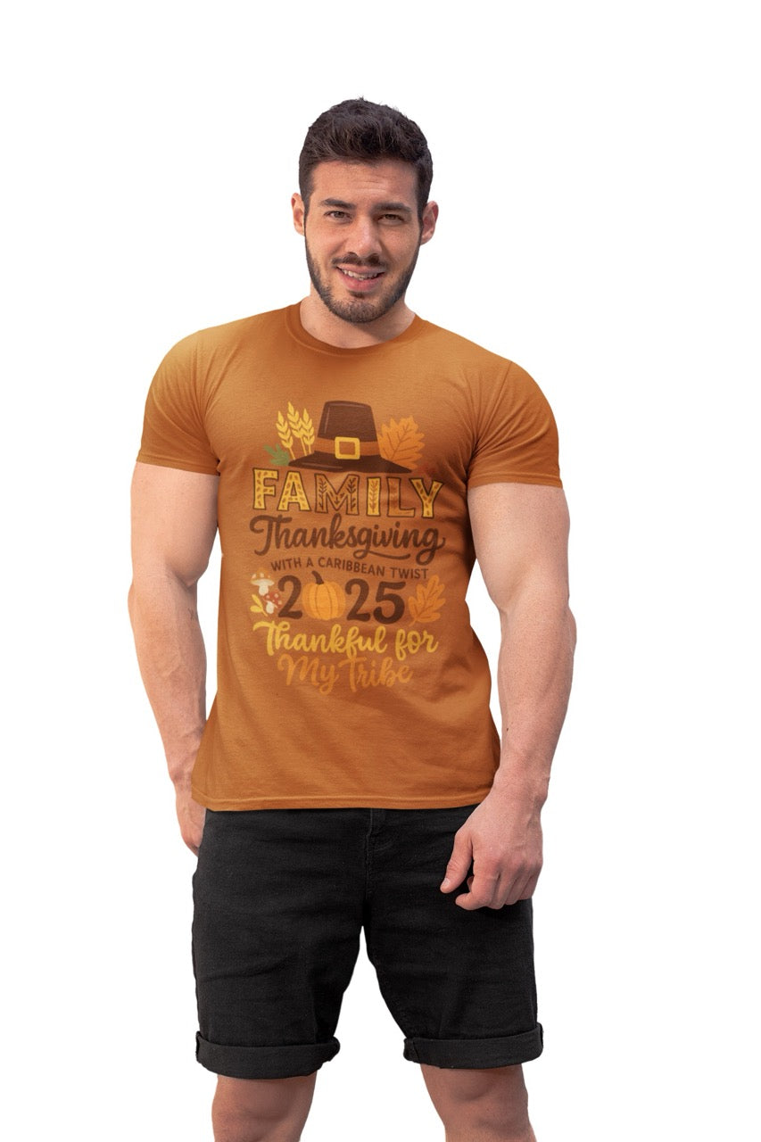 A warm, glowing Thanksgiving 2025 digital artwork featuring the phrase “Family Thanksgiving with a Caribbean Twist – Thankful for My Tribe.” The design showcases a pilgrim hat, autumn leaves, mushrooms, and a pumpkin in cozy shades of orange, brown, and gold. The background radiates a soft amber glow, blending traditional Thanksgiving warmth with tropical island-inspired flair — perfect for celebrating gratitude, family, and Caribbean culture.