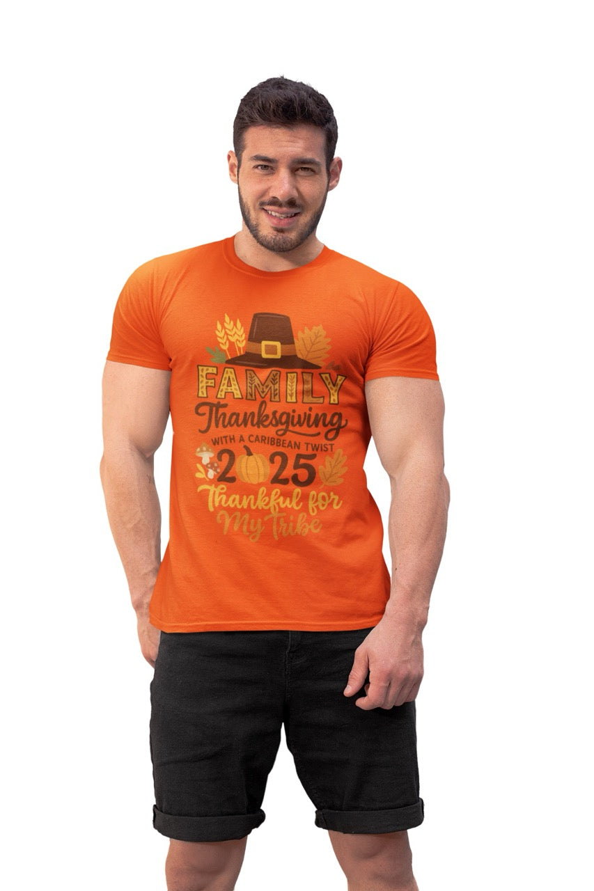 A warm, glowing Thanksgiving 2025 digital artwork featuring the phrase “Family Thanksgiving with a Caribbean Twist – Thankful for My Tribe.” The design showcases a pilgrim hat, autumn leaves, mushrooms, and a pumpkin in cozy shades of orange, brown, and gold. The background radiates a soft amber glow, blending traditional Thanksgiving warmth with tropical island-inspired flair — perfect for celebrating gratitude, family, and Caribbean culture.