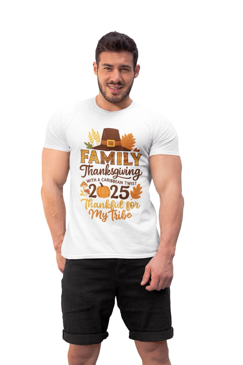 A warm, glowing Thanksgiving 2025 digital artwork featuring the phrase “Family Thanksgiving with a Caribbean Twist – Thankful for My Tribe.” The design showcases a pilgrim hat, autumn leaves, mushrooms, and a pumpkin in cozy shades of orange, brown, and gold. The background radiates a soft amber glow, blending traditional Thanksgiving warmth with tropical island-inspired flair — perfect for celebrating gratitude, family, and Caribbean culture.