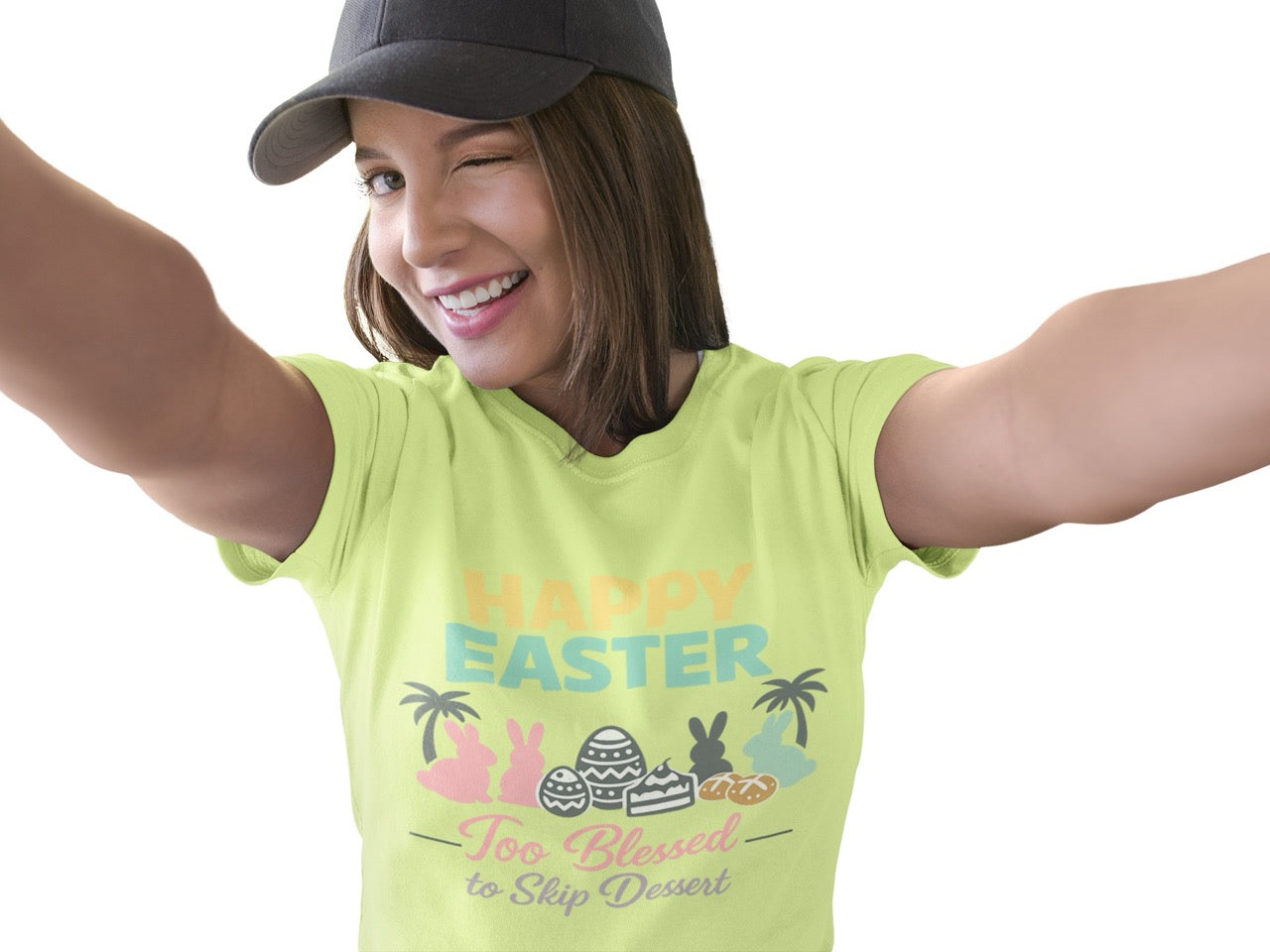 Happy Easter graphic with pastel bunny silhouettes, decorated Easter eggs, cakes, and bread between palm trees with the phrase “Too Blessed to Skip Dessert.”