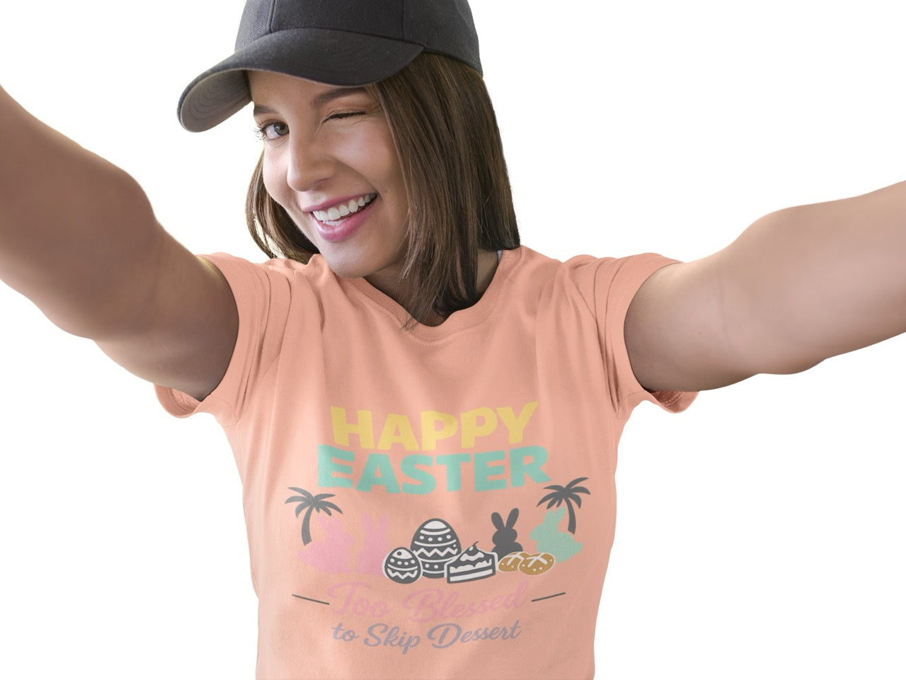 Happy Easter graphic with pastel bunny silhouettes, decorated Easter eggs, cakes, and bread between palm trees with the phrase “Too Blessed to Skip Dessert.”