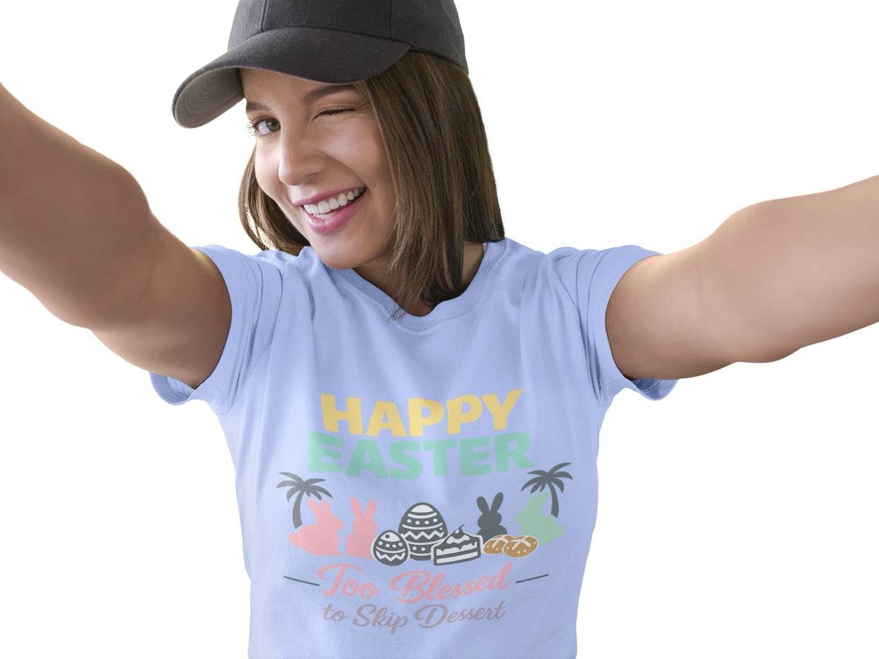 Happy Easter graphic with pastel bunny silhouettes, decorated Easter eggs, cakes, and bread between palm trees with the phrase “Too Blessed to Skip Dessert.”