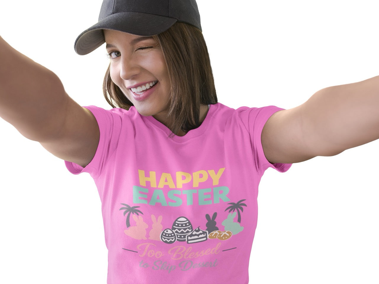 Happy Easter graphic with pastel bunny silhouettes, decorated Easter eggs, cakes, and bread between palm trees with the phrase “Too Blessed to Skip Dessert.”