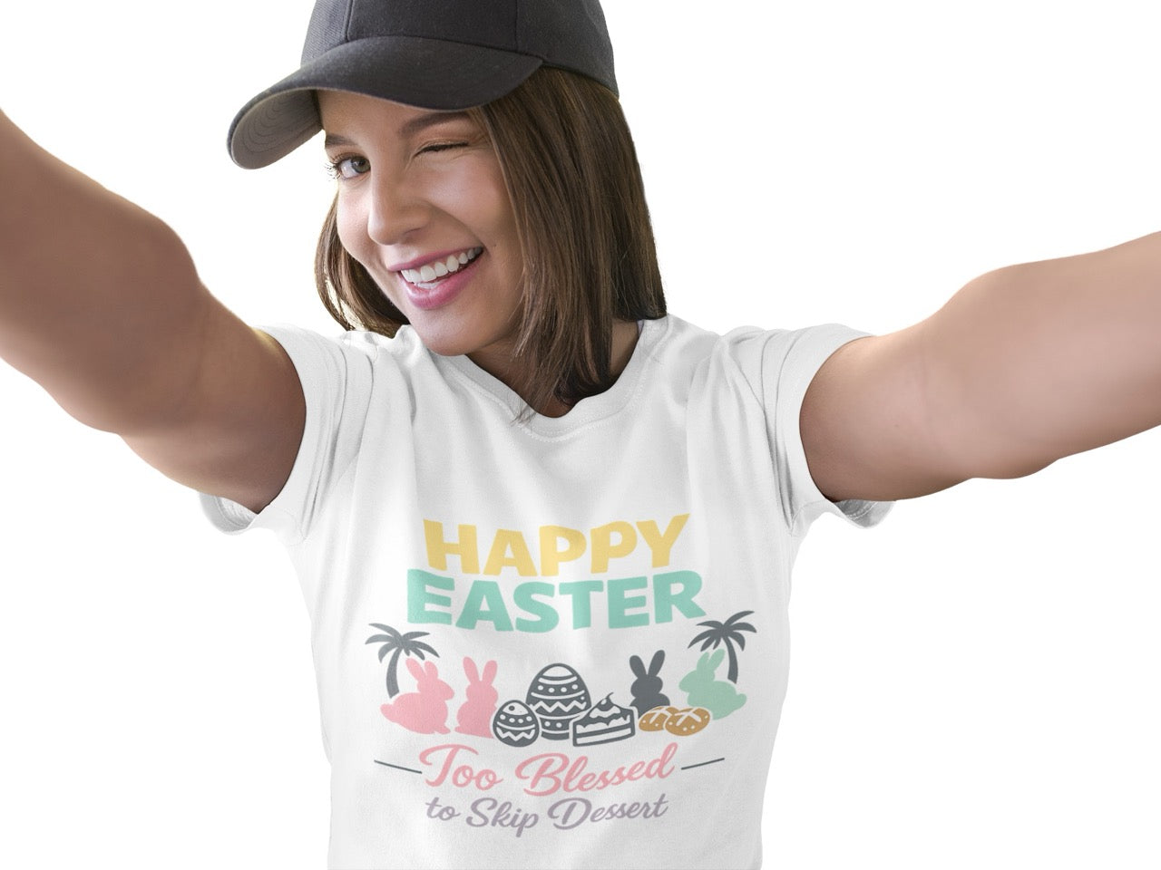 Happy Easter graphic with pastel bunny silhouettes, decorated Easter eggs, cakes, and bread between palm trees with the phrase “Too Blessed to Skip Dessert.”