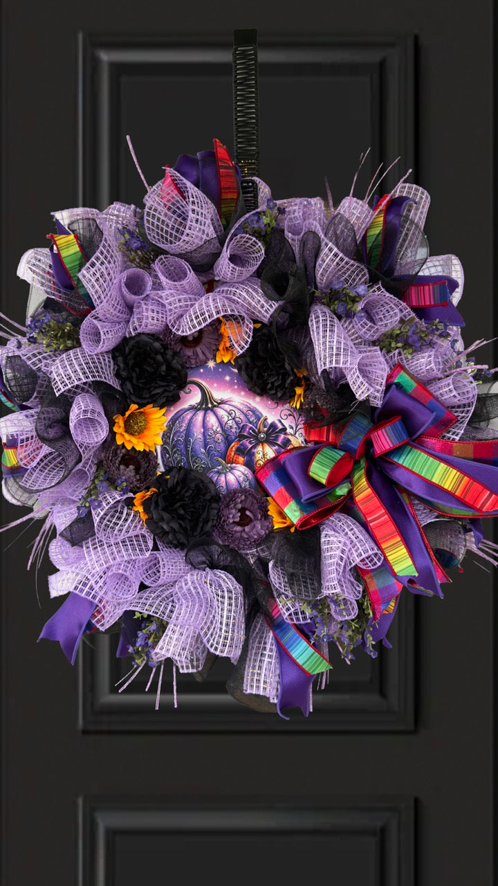 Velvet Eclipse luxury handmade Halloween wreath featuring lavender deco mesh, black florals, colorful designer ribbon bow, sunflowers, and a whimsical purple pumpkin centerpiece displayed on a black front door.