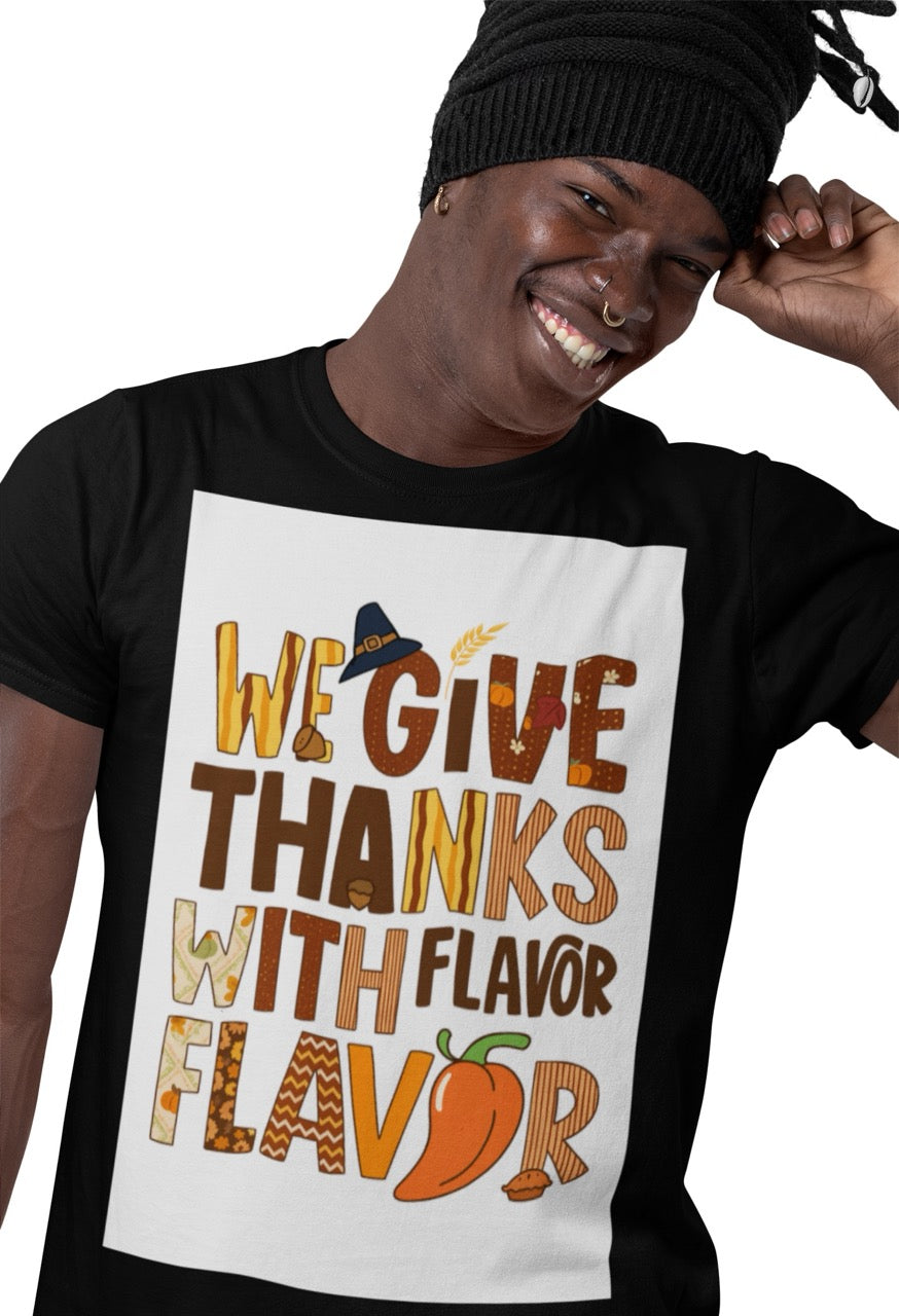 A lively and playful Thanksgiving design featuring the phrase “We Give Thanks with Flavor.” Each letter is styled with warm autumn patterns including pumpkins, leaves, zigzags, stripes, and florals in shades of brown, orange, and gold. The design includes a pilgrim hat, acorns, a chili pepper, and a mini pie, blending classic Thanksgiving imagery with a fun Caribbean-inspired twist that celebrates culture and spice.