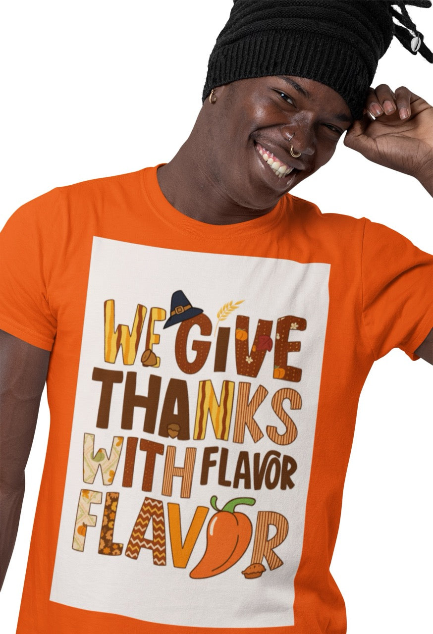 A lively and playful Thanksgiving design featuring the phrase “We Give Thanks with Flavor.” Each letter is styled with warm autumn patterns including pumpkins, leaves, zigzags, stripes, and florals in shades of brown, orange, and gold. The design includes a pilgrim hat, acorns, a chili pepper, and a mini pie, blending classic Thanksgiving imagery with a fun Caribbean-inspired twist that celebrates culture and spice.