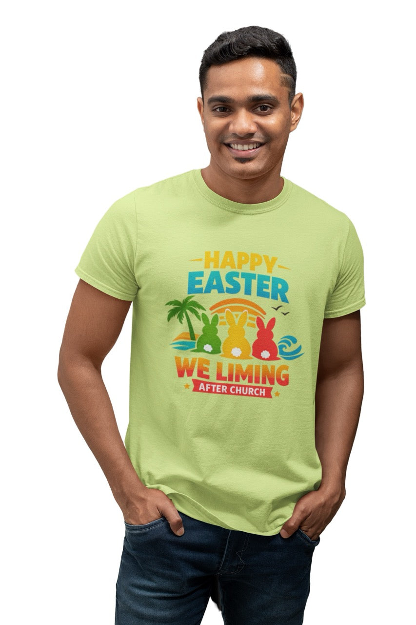 Colorful “Happy Easter We Liming After Church” graphic with three Easter bunny silhouettes in green, yellow, and red sitting by a tropical beach sunset with palm tree, ocean waves, and birds.