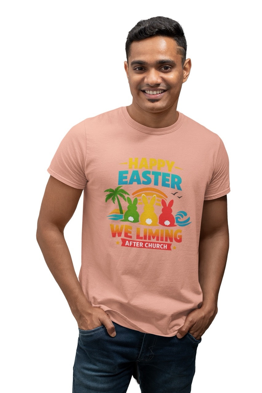 Colorful “Happy Easter We Liming After Church” graphic with three Easter bunny silhouettes in green, yellow, and red sitting by a tropical beach sunset with palm tree, ocean waves, and birds.