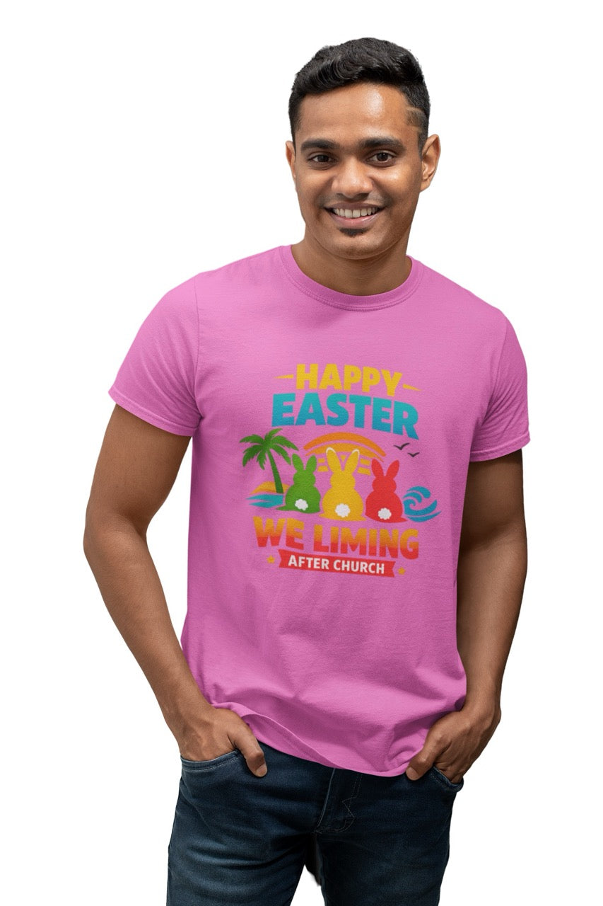 Colorful “Happy Easter We Liming After Church” graphic with three Easter bunny silhouettes in green, yellow, and red sitting by a tropical beach sunset with palm tree, ocean waves, and birds.
