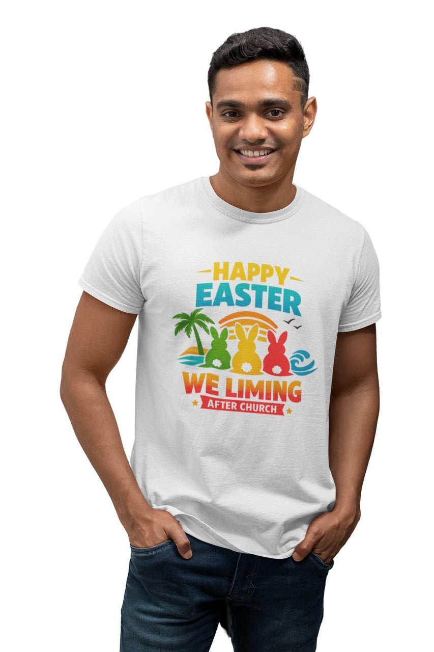 Colorful “Happy Easter We Liming After Church” graphic with three Easter bunny silhouettes in green, yellow, and red sitting by a tropical beach sunset with palm tree, ocean waves, and birds.