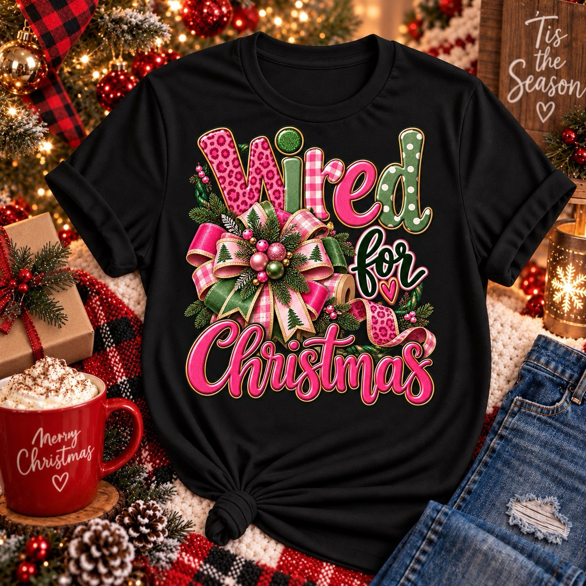 Black Wired for Christmas wreath maker T-shirt with pink and green Christmas ribbon bow design