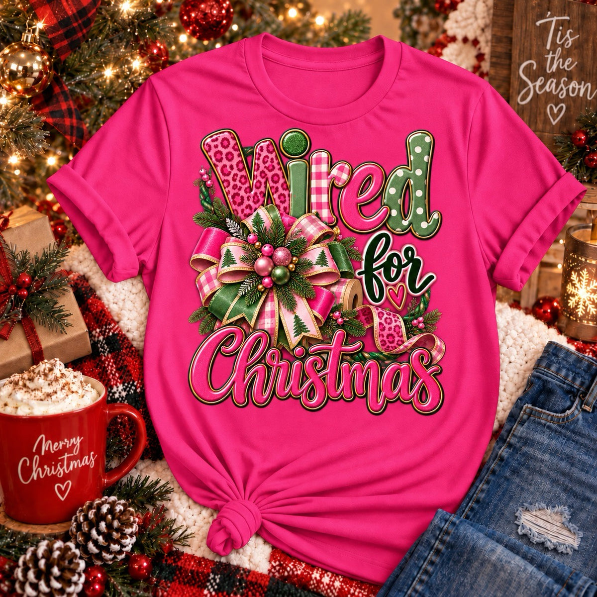 Pink Wired for Christmas wreath maker T-shirt with pink and green Christmas ribbon bow design
