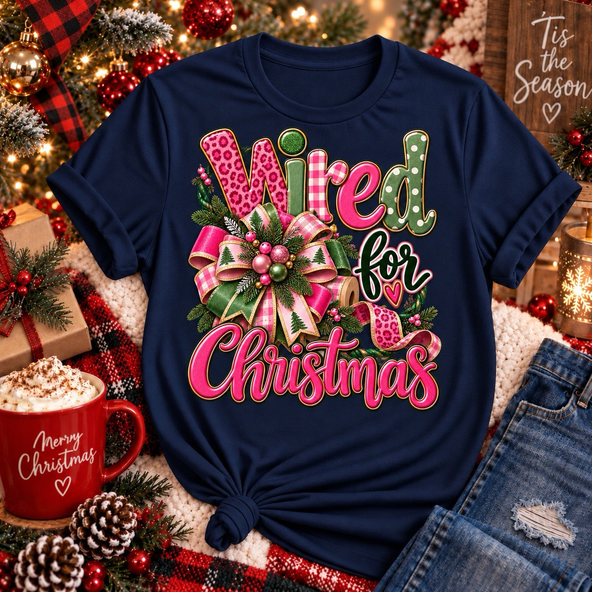Navy Wired for Christmas wreath maker T-shirt with pink and green Christmas ribbon bow design