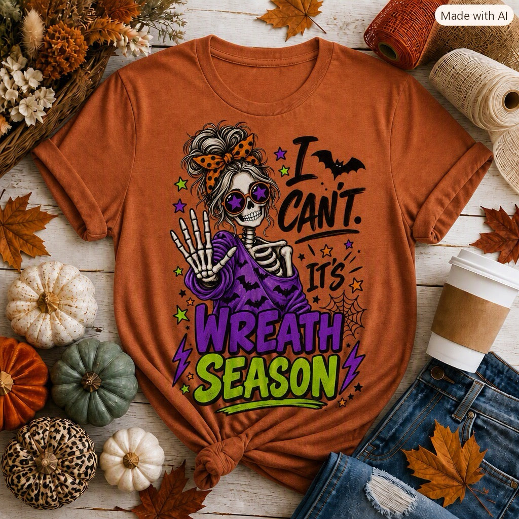Wreath maker shirt with playful skeleton fall design, ideal gift for crafters