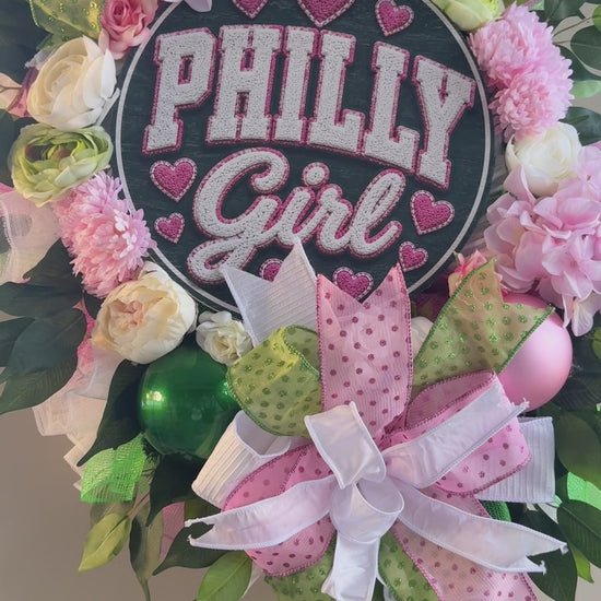 Philadelphia inspired front door wreath with Philly Girl sign