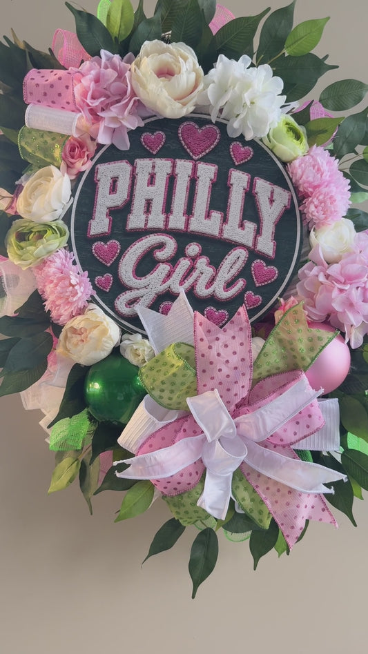 Philadelphia inspired front door wreath with Philly Girl sign